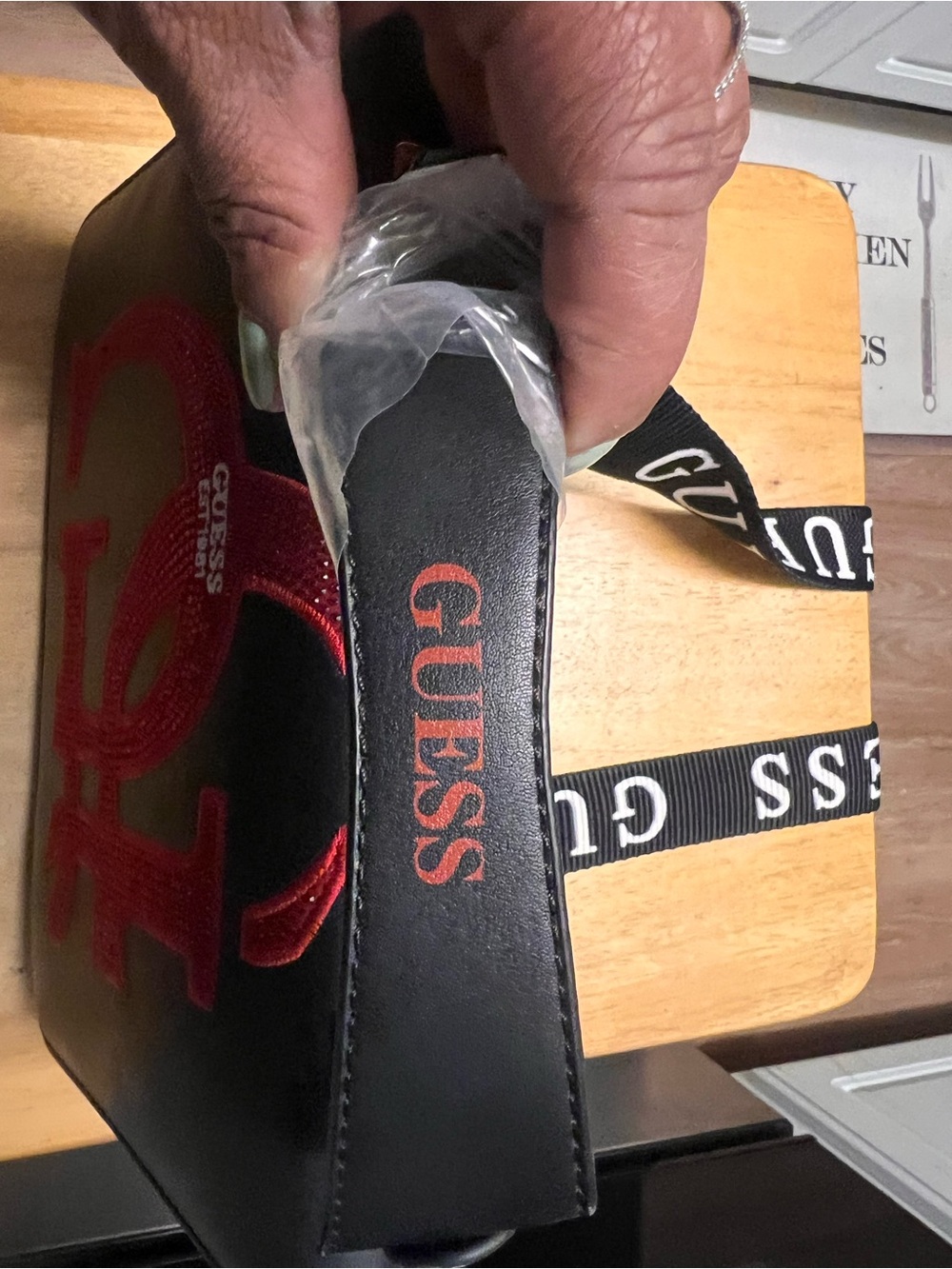 Guess Black Shoulder Laptop shape Bag with Red Logo and Branded Strap